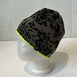Chaos Super Soft Beanie Black Floral Pattern on Gray Trimmed in Neon Green